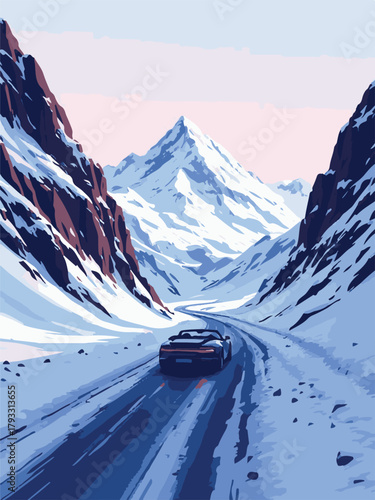 Winter roadtrip car driving through snowy mountains illustration