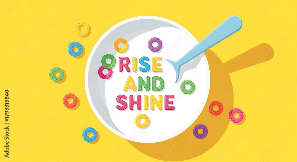 Fototapeta premium Bright breakfast cereal with rise and shine message in a bowl