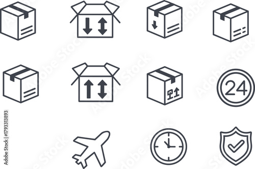 Flat vector illustration of delivery, shipping, logistics icons, package boxes, airplane, clock, shield, courier service, transport, protection concept