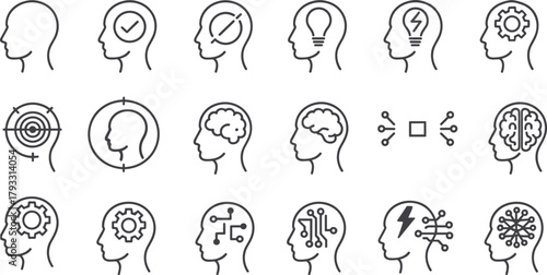 Flat vector illustration of human head intelligence icons, creative thinking, brain technology, innovation, artificial intelligence, cognitive process, idea development concept