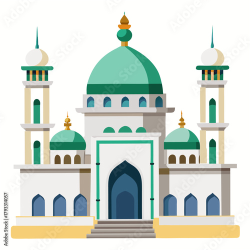 Islamic white mosque building with traditional architecture, domes, arches and ornate decorations. Isolated vector illustration on white background. Front view