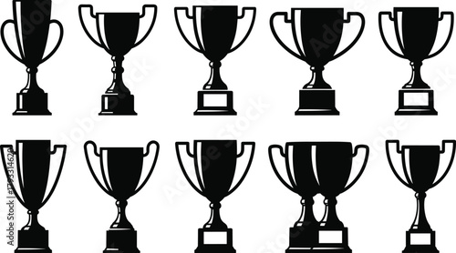 Black Trophy Silhouette Icons Collection for Achievement, Award, Victory, Sports, Competition, Success, Recognition, Champion, Winner, Ceremony, Excellence