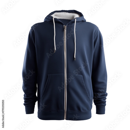 Navy blue zip-up hoodie with drawstring and sherpa lining isolated on transparent background, Clipart png
