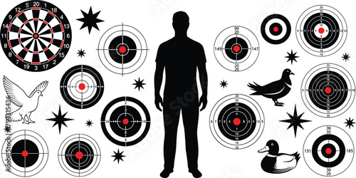 Target and Precision Icons Vector Set Featuring Bullseyes, Dartboards, Shooting Marks, Birds, Human Silhouette, Scoring Zones, Symbolic Design