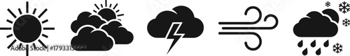 Weather Icons Vector Set Featuring Sunny, Cloudy, Thunderstorm, Windy, Mixed Rain and Snow Conditions for Forecast, UI, Climate Design