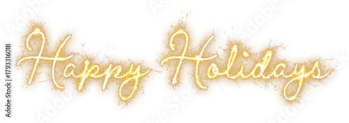 Happy Holidays text in long, spreading gold sparkler cursive script isolated on a transparent background for wide festive banners