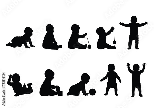 Silhouettes display the stages of human development from infancy to childhood