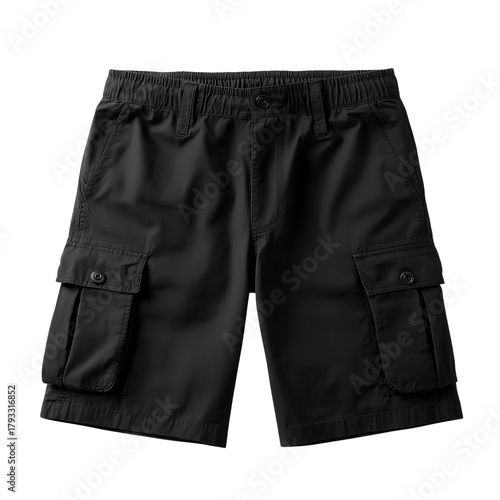 Relaxed-fit black cargo shorts featuring flap pockets with hook-and-loop closures  isolated on transparent background, Clipart png