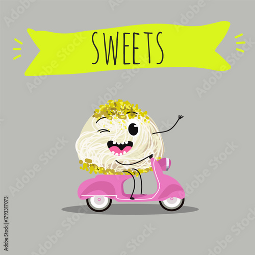 Funny Characters Turkish Halva confection, cubes with pistachio nut, layered chocolate tahini oriental dessert, hand drawn vector illustration.