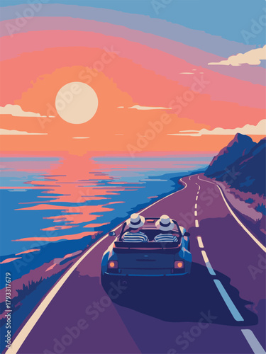 Couple road trip sunset beach vector