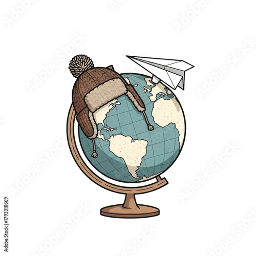 Whimsical globe donned in a cozy winter hat with a paper airplane soaring towards adventure, sparking wanderlust and exploration