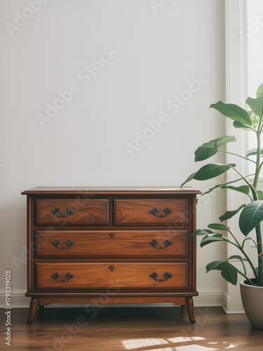 Antique wooden dresser with plant in sunlit room