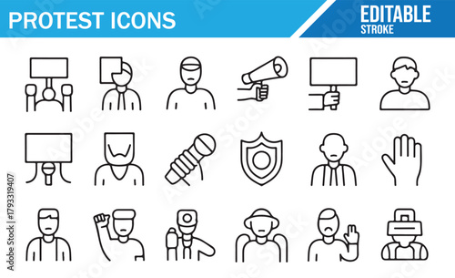 Outline Icons of Activists, Raised Fists, and Marching Elements