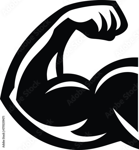 Line art illustration of a strong arm, biceps, and fist symbolizing strength and muscle body vector