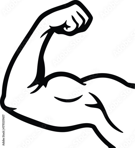Line art illustration of a strong arm, biceps, and fist symbolizing strength and muscle body vector