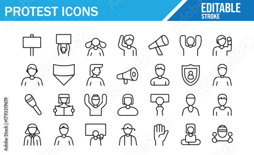 Protest and Activism Icon Set with Signs, Megaphones, and Demonstrators