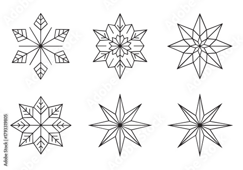Ornamental Snowflake and Christmas Star Outline Icon Set | Stylized Leaf and Geometric Winter Symbols