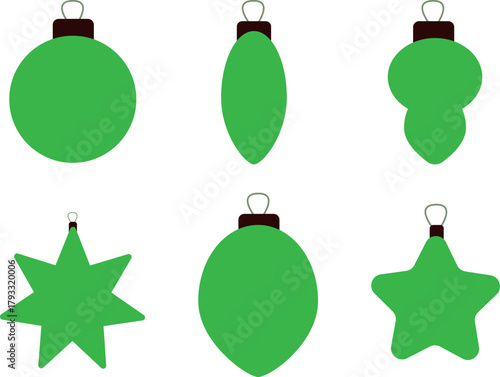 Green Christmas ornaments set, minimal festive baubles, star and tree decorations, New Year holiday illustration