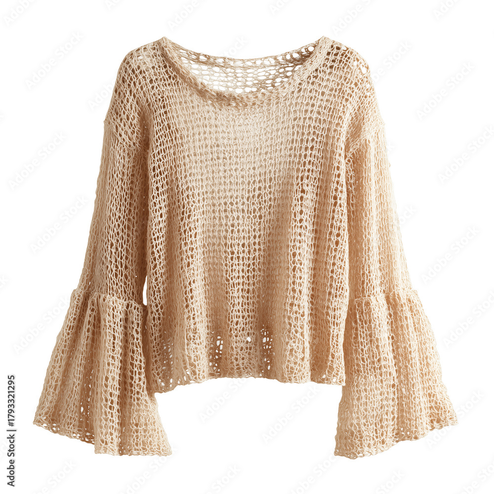 Obraz premium Light beige open-knit sweater with a semi-sheer finish and bell sleeves isolated on transparent background, Clipart png