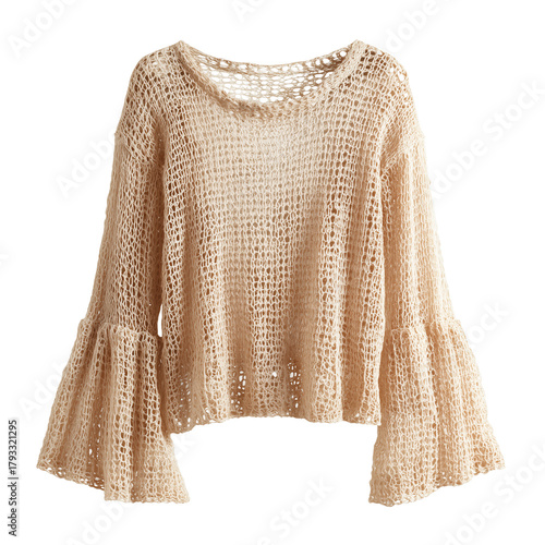 Light beige open-knit sweater with a semi-sheer finish and bell sleeves  isolated on transparent background, Clipart png