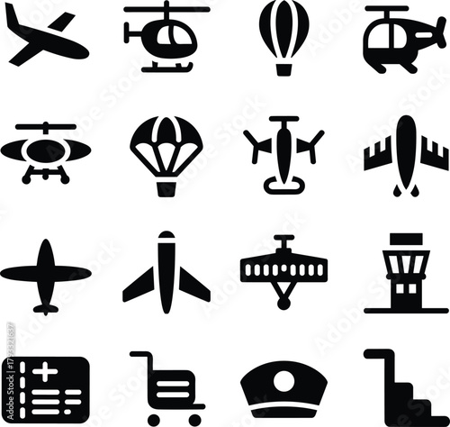 Air Transportation Icon Set Aviation, Aircraft, Travel, and Flight Symbols