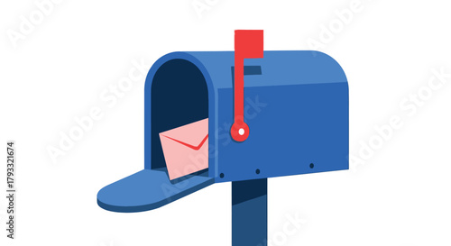 A bright blue mailbox with a partially opened envelope inside