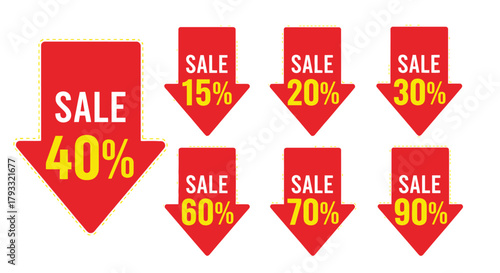 Red sale banners displaying various discount percentages for promotional offers