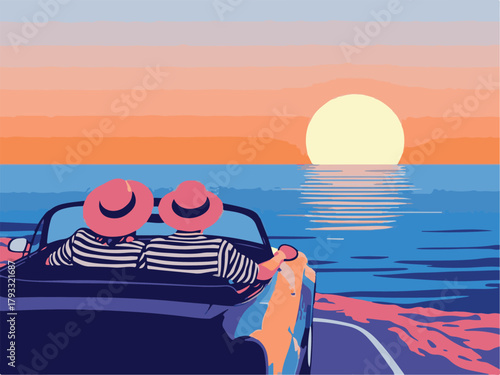 Couple road trip sunset beach vector