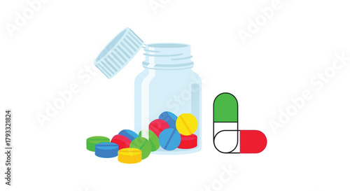 Colorful pills and open medicine bottle illustration healthcare and pharmaceutical concept