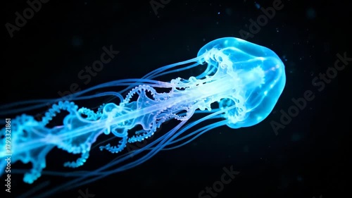 Futuristic Cybernetic Jellyfish Swimming with Neon Blue Tentacles