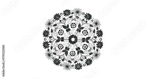 Intricate floral mandala design in black and white detailed symmetrical pattern