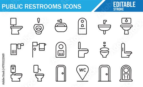 Minimal Outline Icons of Toilets, Bathroom Doors, and WC Indicators