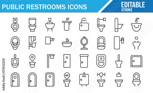 Public Restrooms Line Icons Collection Showing Toilets, Sinks, Urinals, Bathroom Doors, WC Signs, Hygiene Fixtures, and Sanitary Facilities in Clean Editable Outline Stroke Style