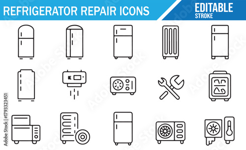 Cooling Unit and Fridge Maintenance Icons in Clean Line Art Style