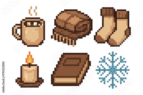 Pixel art illustration of cozy winter items including a steaming mug, folded blanket, wool socks, lit candle, hardcover book, and intricate snowflake.