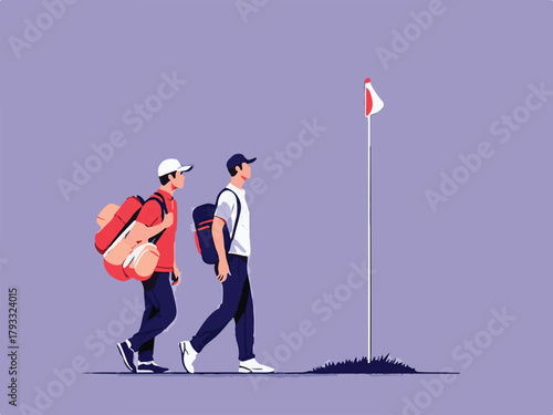 Golfer with caddie walking on golf course vector illustration