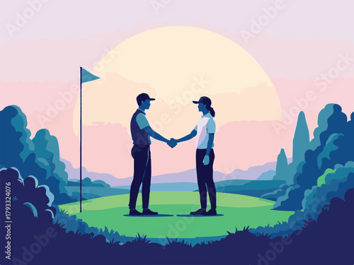 Two golfers shaking hands on course vector illustration