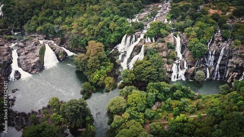 Aerial view of the majestic Shivanasamudra Waterfall, a cluster of cascading falls on the Kaveri River in the Mandya district of Karnataka, India.