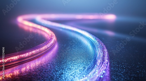 Curved fiber glow strands luminous trails blue purple pink light technology abstract modern digital communications