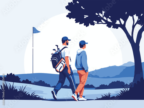 Golfer with caddie walking on golf course vector illustration