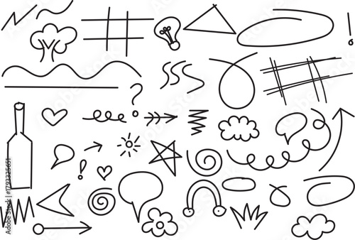 Collection of HandDrawn Doodle Elements, Lines, Arrows, Shapes, Symbols, and Objects on White