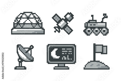 Grayscale pixel art icons depict a space observatory, satellite, rover, satellite dish, computer monitor with lunar image, and flag on the moon.