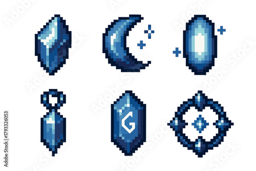 Six pixel art icons featuring blue gemstones and celestial shapes, including a crescent moon, diamond, and a glowing orb, arranged in two rows.