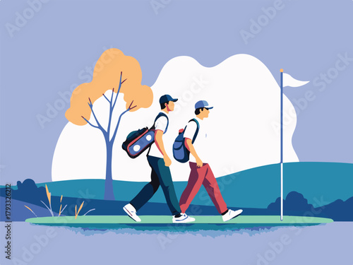 Golfer with caddie walking on golf course vector illustration