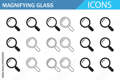 Magnifying glass outline icon set for search and zoom tools
