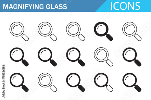 Magnifying glass outline icon set in clean editable stroke style featuring search symbols, zoom tools, inspection elements, and lens variations for UI design, analytics, research, apps, and digital pr