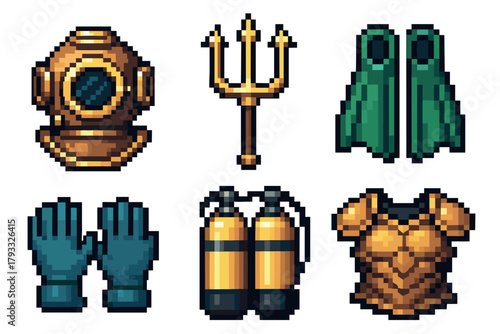 Retro pixel art icons of vintage diving equipment including helmet, trident, flippers, gloves, oxygen tanks, and protective chest armor.