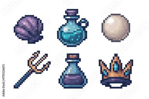 Pixel art collection featuring a shell, two potion bottles, an egg, a trident, and a crown, each with distinct colors and shading, arranged in two rows.