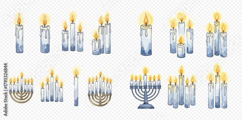 Watercolor illustration set of lit white and blue candles, including individual candles, groups, and menorahs, on a transparent background.