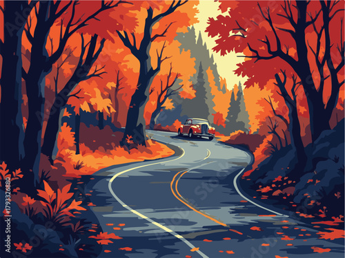 Autumn road trip scenic forest vector